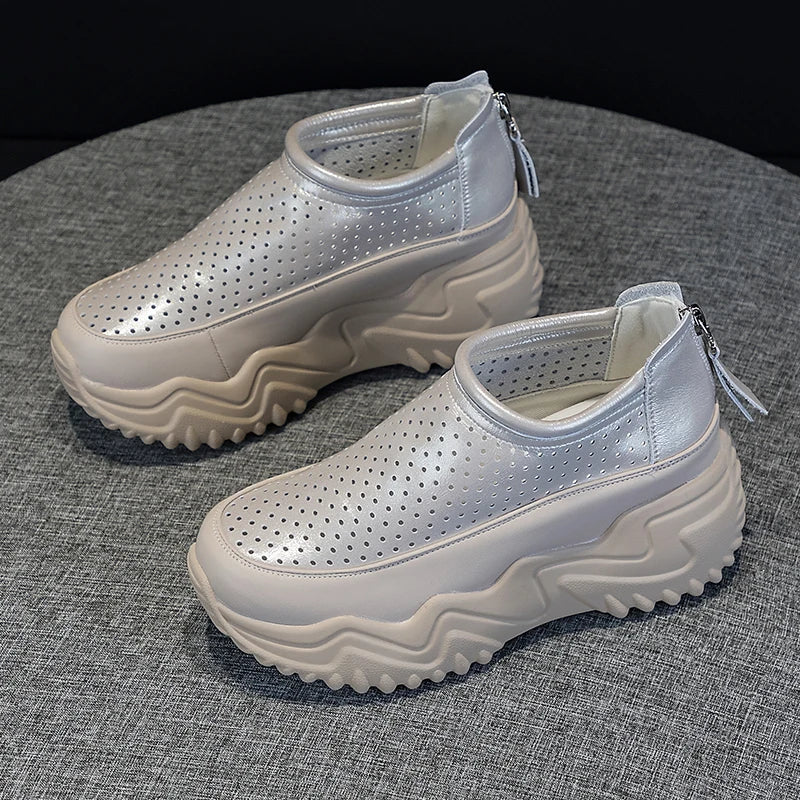 Autuspin 7cm Women Pumps Summer Breathable Fashion Hollow Shoes Female Back Zipper Wedge Platform High Heels Quality Leather