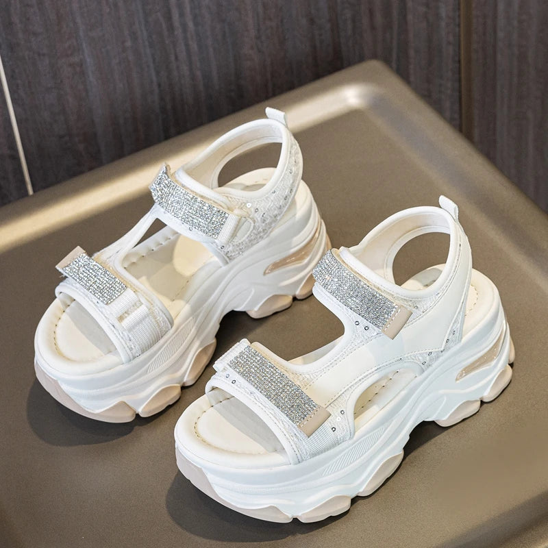 AUTUSPIN 7cm Thick Soled Sandals for Women Fashion Rome Style Flats Platform Female Shoes Summer Crystal Chunky Heels Sandal