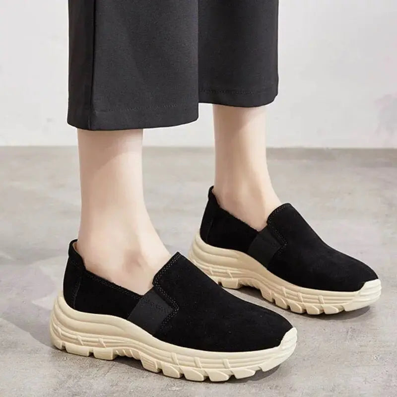 WOIZGIC Women Flats Ladies Mother Female Cow Suede Genuine Leather Shoes Loafers Sports Non Slip Breathable Vulcanized Shoes