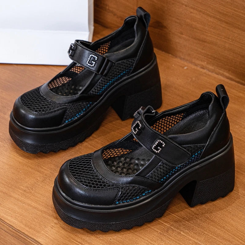AUTUSPIN New Arrival Women Mary Janes Pumps Summer Round Toe Leather Mesh High Platform Shoes Female Sweet Crystal Block Heels
