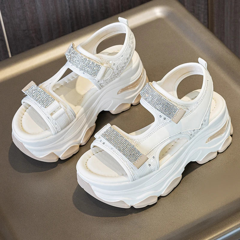 AUTUSPIN 7cm Thick Soled Sandals for Women Fashion Rome Style Flats Platform Female Shoes Summer Crystal Chunky Heels Sandal