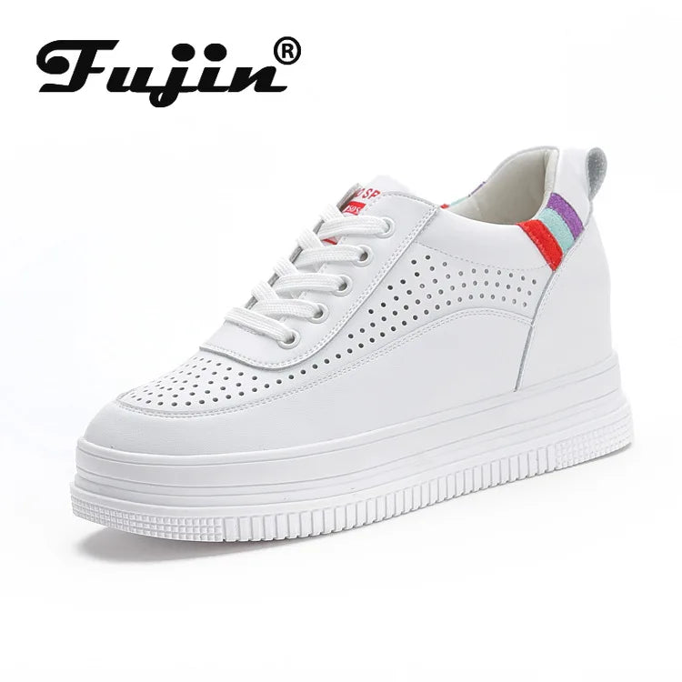 Fujin 7cm Breathable Platform Wedge Sneakers Women Shoes Genuine Leather Heel High Height Increased Spring Autumn Summer Shooes