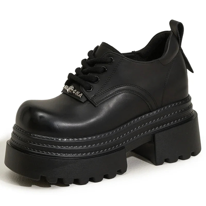 AUTUSPIN 2025 New Lace-up Women Pumps Fashion Office Ladies Leather Oxfords Shoes Daily Thick High Heels Platform Woman Loafers