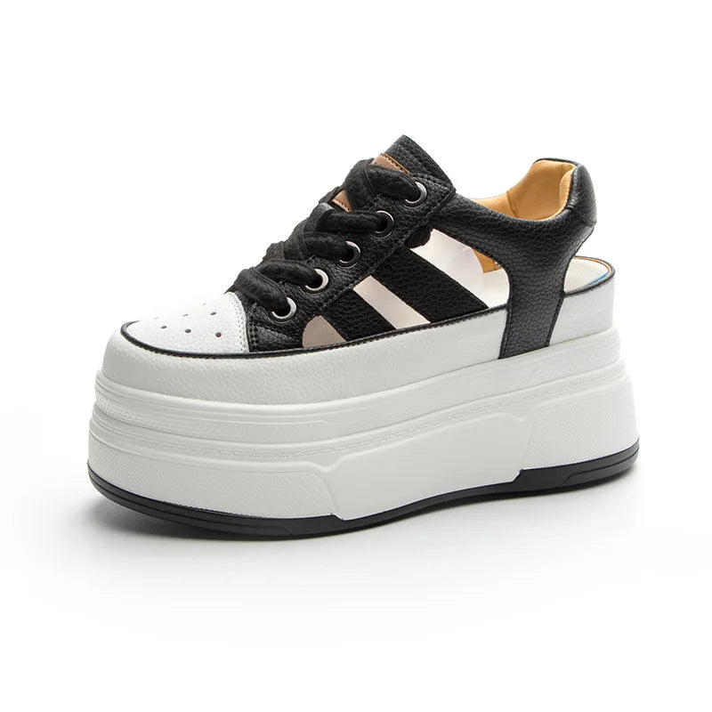 Autuspin Summer Sport Sandals Women Fashion Genuine Leather Hollow Out Vulcanized Shoes Ladies Rome Style High Platform Sneakers