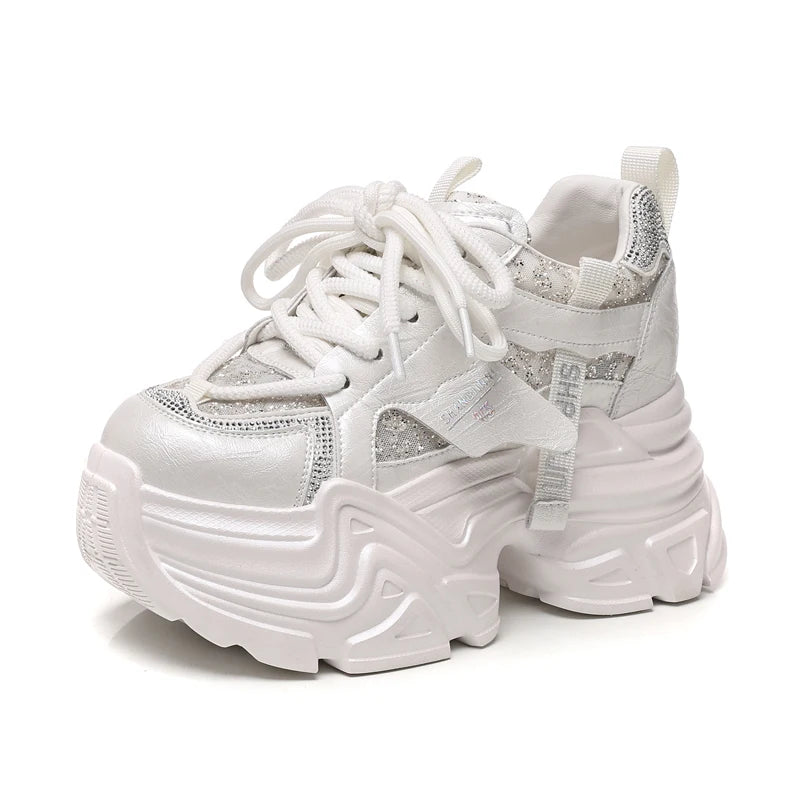 AUTUSPIN 8cm Pink Thick Bottom Shoes for Women Spring Summer Rhinestones Chunky Platform Sneakers Woman Outdoor Tide Fashion