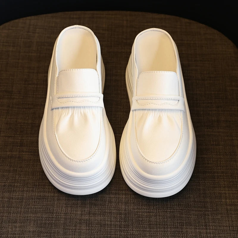 AUTUSPIN Flats Platform Women Slippers High Chunky Bottom Ladies Mules Shoes White Leather Tide Slides Slipper Woman Fashion