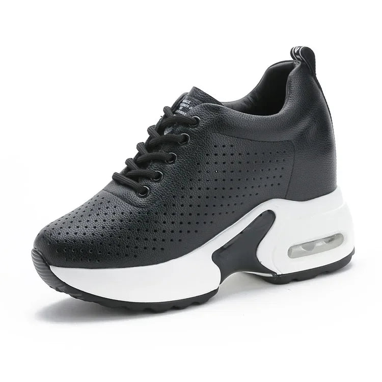 Fujin 8cm Wedge Heel Platform Shoes Chunky Sneakers Hollow Breathable Women Summer Sneakers Pumps Shoes Microfiber Leather Shoes