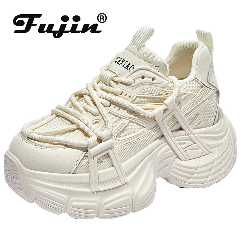 Fujin 10cm Air Mesh Synthetic Microfiber Leather Casual Breathable Vulcanize Summer Platform Sneakers Women Shoes High Brand