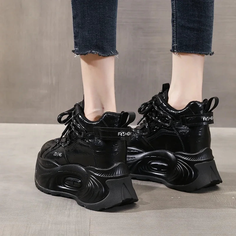 AUTUSPIN 9.5cm Platform Wedge Sneakers for Women Winter Spring Tide Trendy Soft Leather Ladies Chunky Shoes Woman Ankle Boots