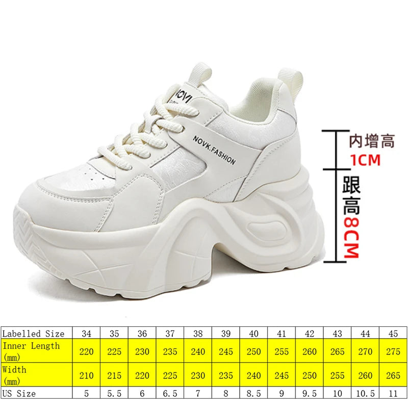 Fujin 9cm Genuine Leather Women Casual Shoes Chunky Sneakers Skateboard Vulcanize Lady Comfy White Platform Wedge Hidden Heel