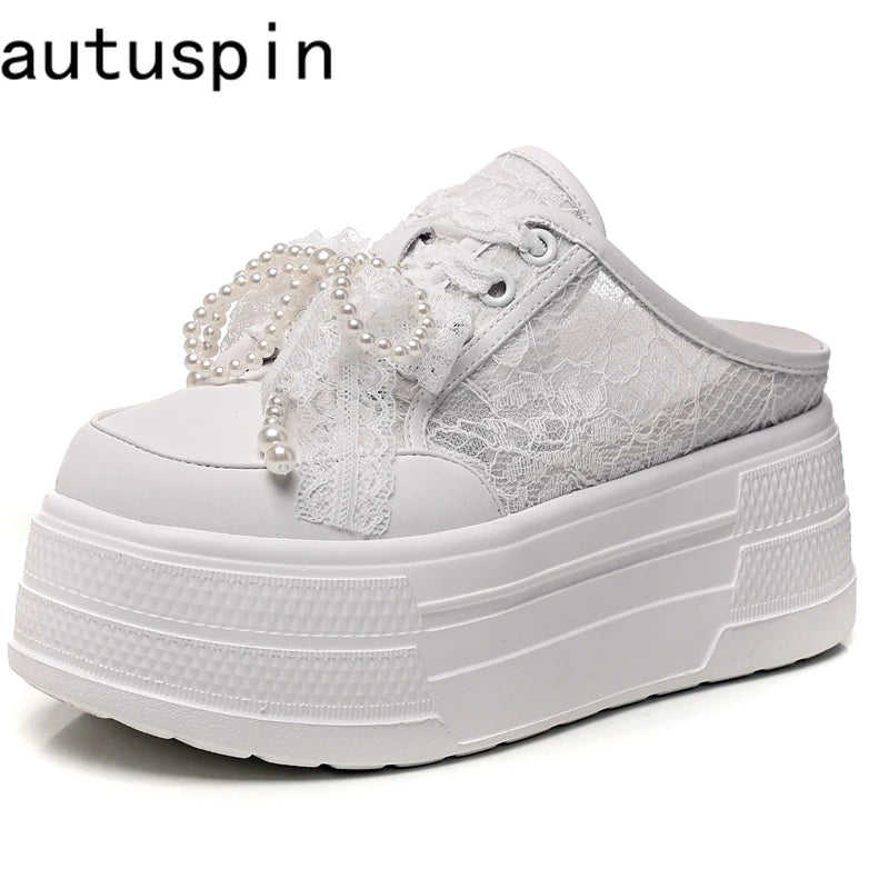 AUTUSPIN 8cm Women Slippers Lace Shoes 2025 Summer Spring Pearls Beads Decoration Slides Loafers High Wedges Platform Mules Heel