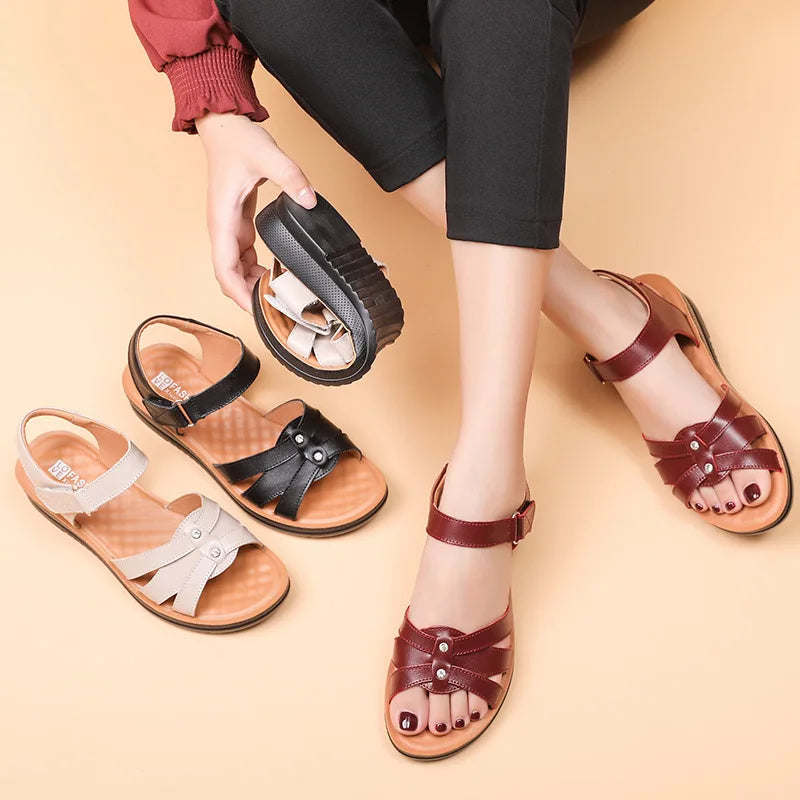 WOIZGIC Women's Female Ladies Mother Genuine Leather Sandals Platform Shoes Non Slip Summer Cool Beach Hook Loop Plus Size 42 43