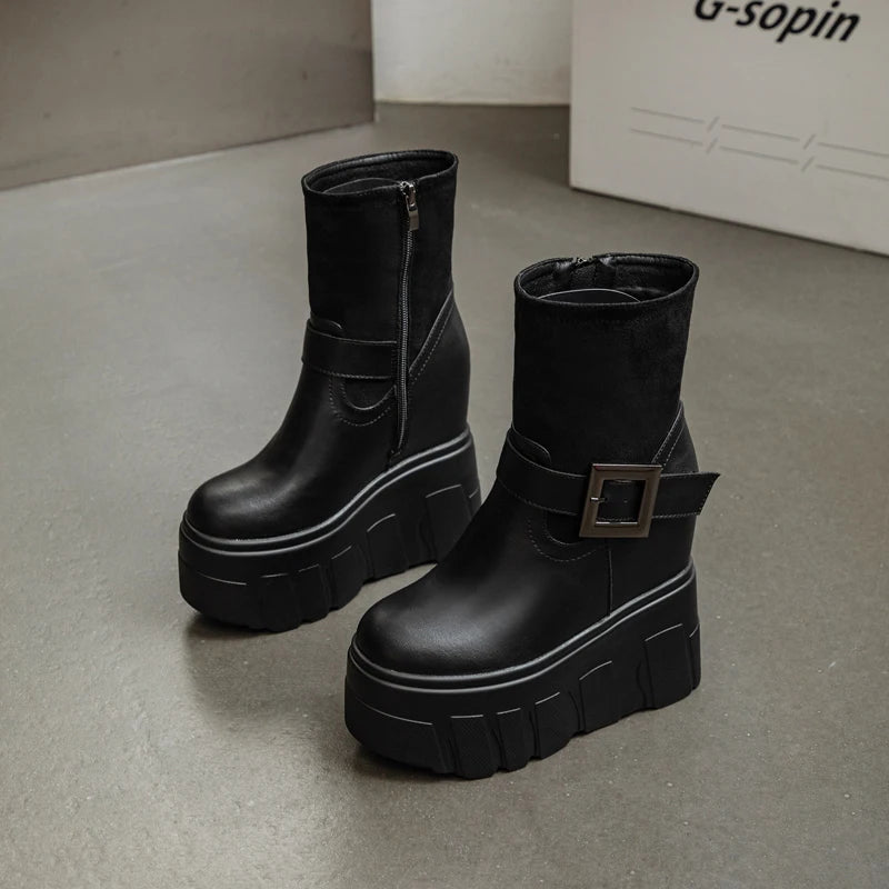AUTUSPIN 9cm High Wedges Heeled Ankle Boots Women Fashion Long Knee-high Boots Female Wedding Party Sexy Black Warm Shoes Winter