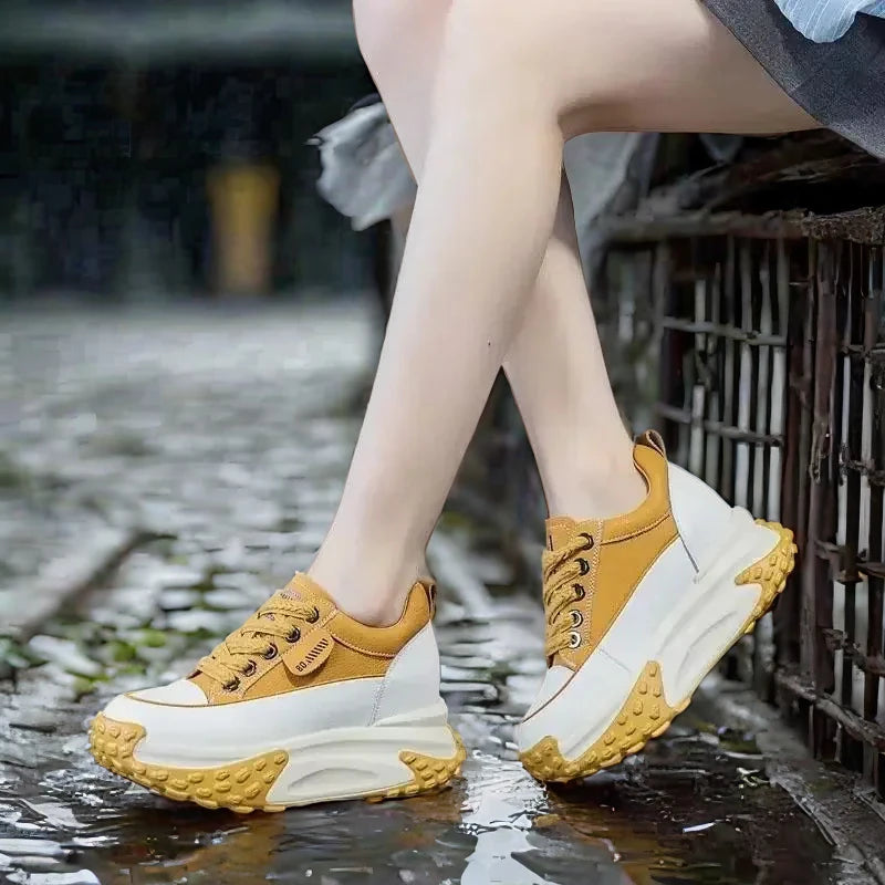 Fujin 2.7 inch 7cm Genuine Leather Platform Wedge Fashion Women Autumn Summer Chunky Sneakers Heel Shoes Breathable Comfortable