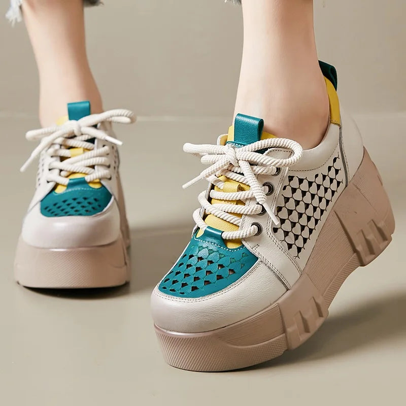 DRKANOL Fashion Summer Chunky Platform Shoes Women 2024 Genuine Cow Leather Mixed Colors Hollow Out Breathable Wedges Heel Shoes