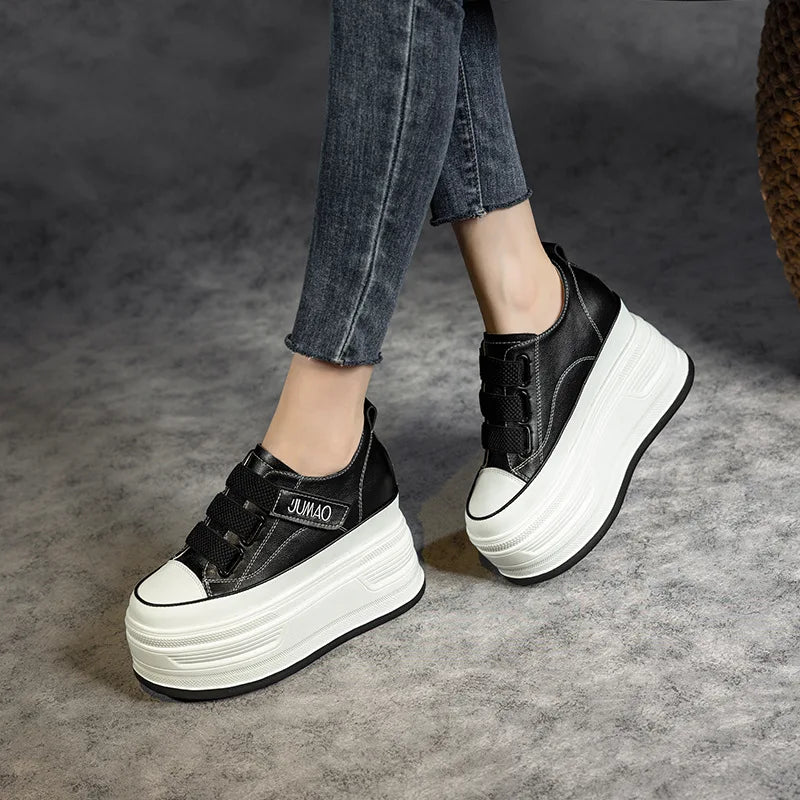 Koznoy 12cm Genuine Leather Motorcycle Fashion Spring Moccasins Autumn Lace Up  Ankle Booties Platform Wedge Women Sneaker Shoes