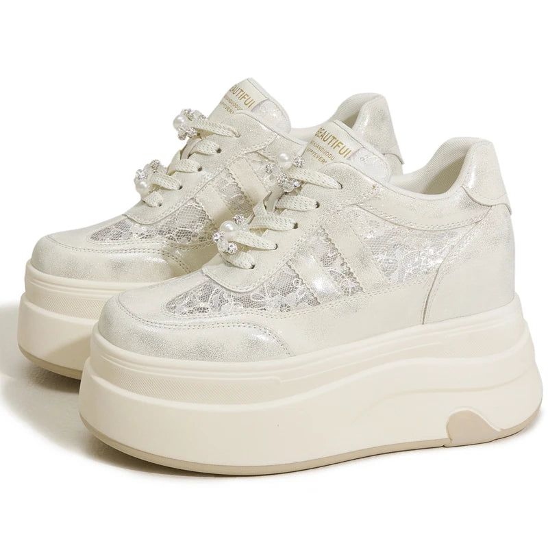 AUTUSPIN 7.5cm Women Lace Shoes Summer Breathable Microfiber Leather Splicing High Platform Skateboard Sneakers Oudoor Tide