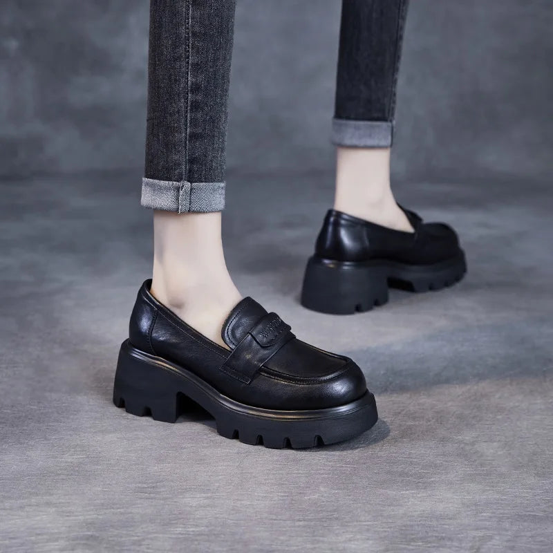 DRKANOL 2025 Spring Women Shoes Thick Heel Slip On Loafers Handmade Retro Chunky Platform Round Toe Pumps Ladies High Heel Shoes