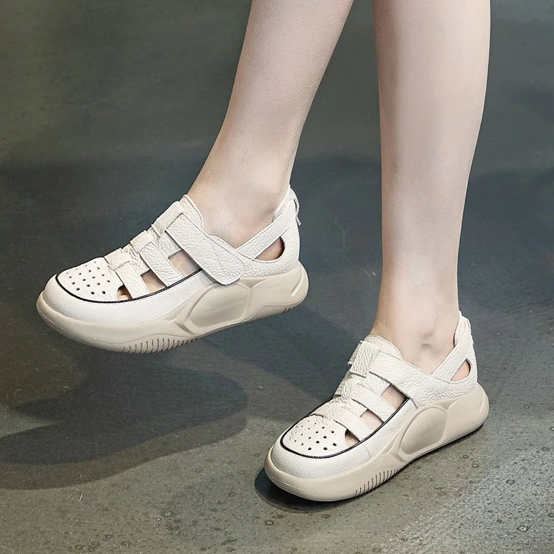 DRKANOL 2025 Women Genuine Leather Sandals Summer Hollow Thick Sole Platform Casual Sandals Outside Lightweight Wedges Sandals