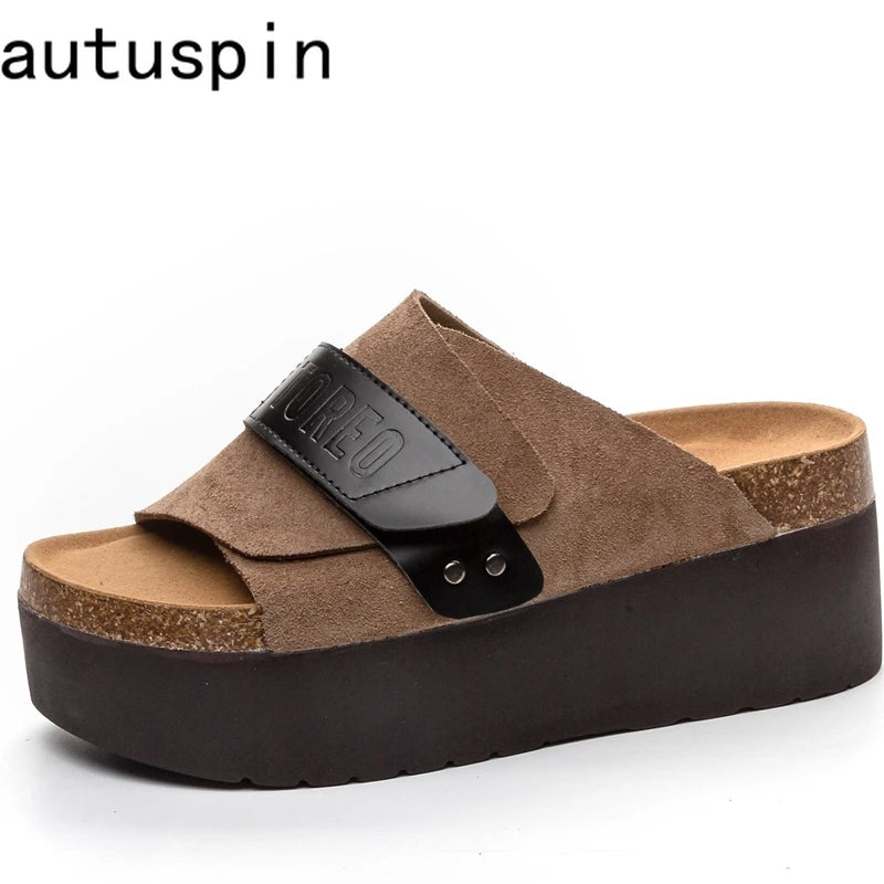 AUTUSPIN Summer Nubuck Leather Ladies Shoes Fashion Thick Soled Women Slippers Outdoor High Platform Chunky Slides Shoes Woman
