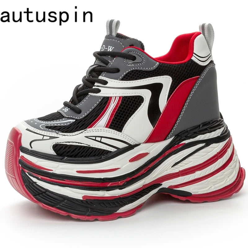 AUTUSPIN 13cm High Brand Platform Women Shoes Winter Autumn Genuine Cow Leather Chunky Leisure Sneakers Wide Toe Sport Shoes