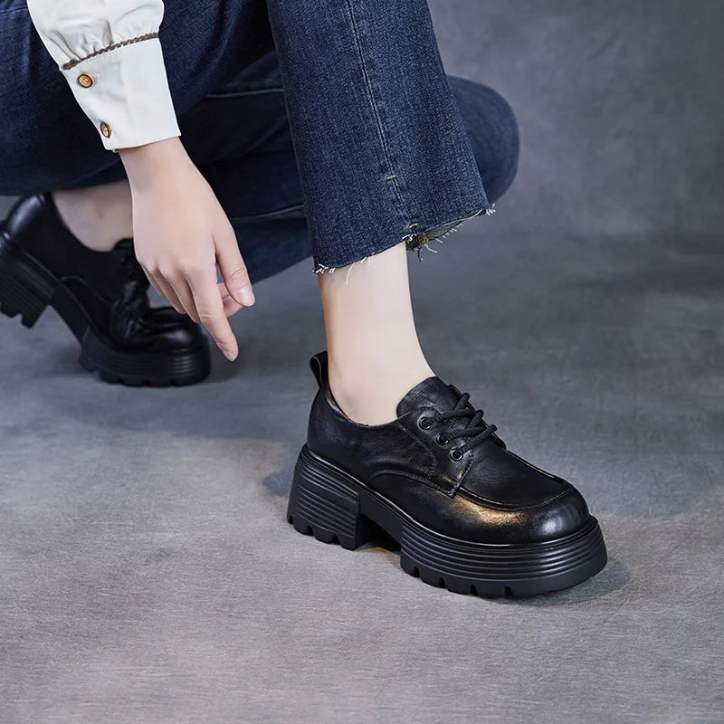 DRKANOL 2025 Women Chunky Platform Shoes Luxurious Genuine Cow Leather Thick High Heel Pumps Lace-Up Round Toe Casual Shoes Lady