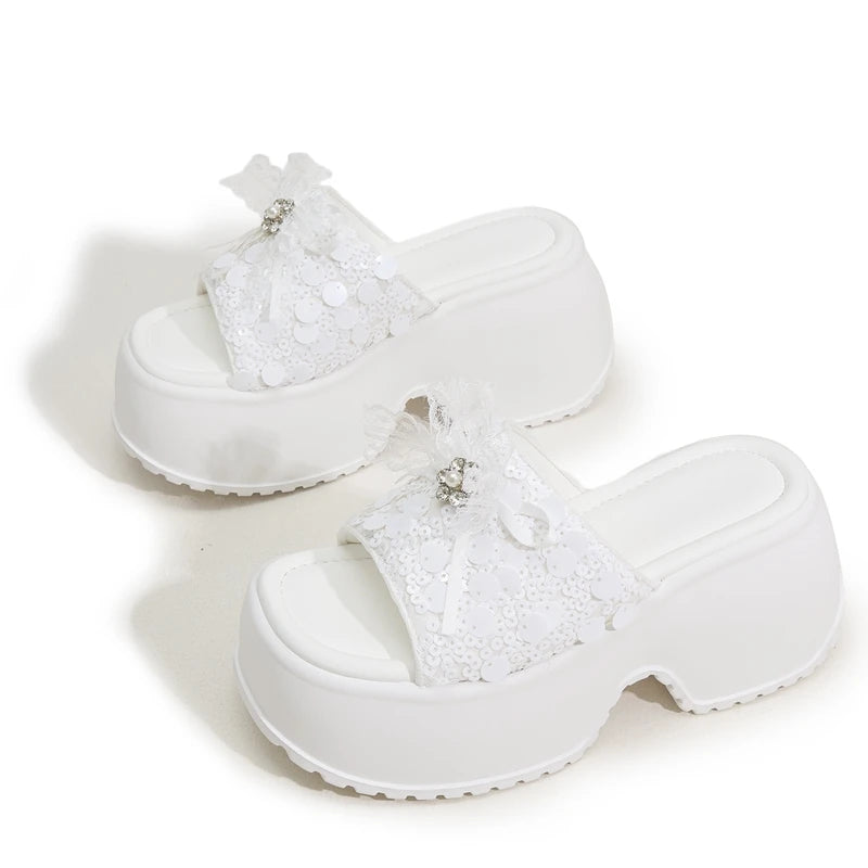 AUTUSPIN 8cm Bling Slippers Summer White Shoes Women Outdoor Sequined Cloth Ladies Shoes High Wedges Heels Slides Woman 34-39