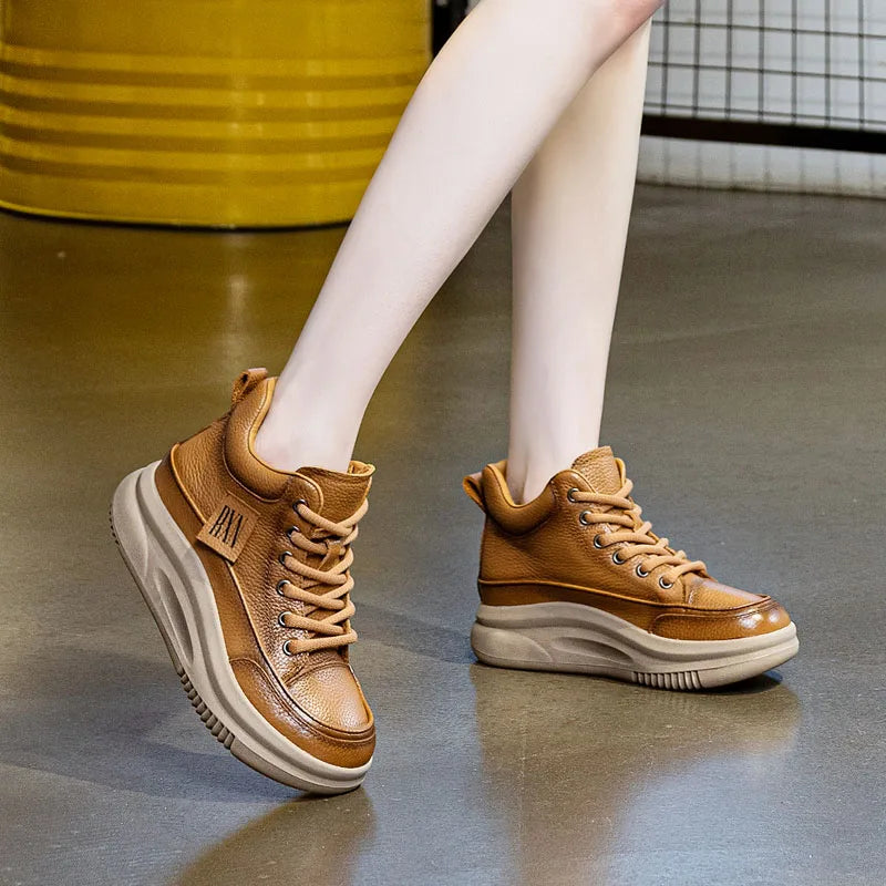 DRKANOL Fashion Autumn Winter Chunky Platform Warm Ankle Boots For Women Genuine Cow Leather Wedges Heel Casual Short Boots Lady