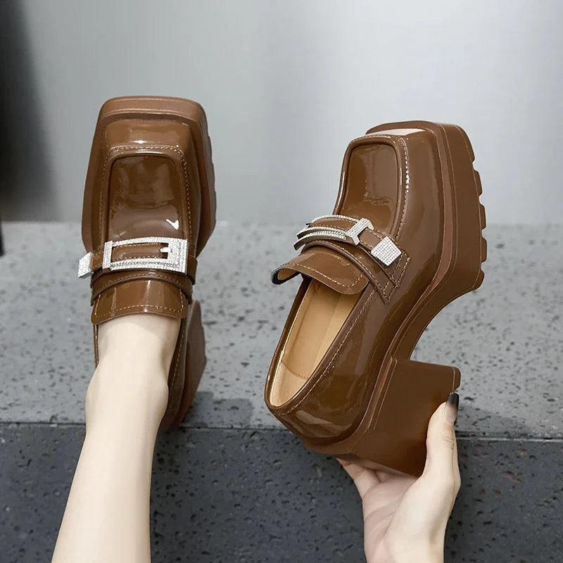 AUTUSPIN 9cm High Thick Heels Mary Janes Shoes Women Fashion Crystal Woman Pumps Patent Leather Shallow Female Platform Shoes