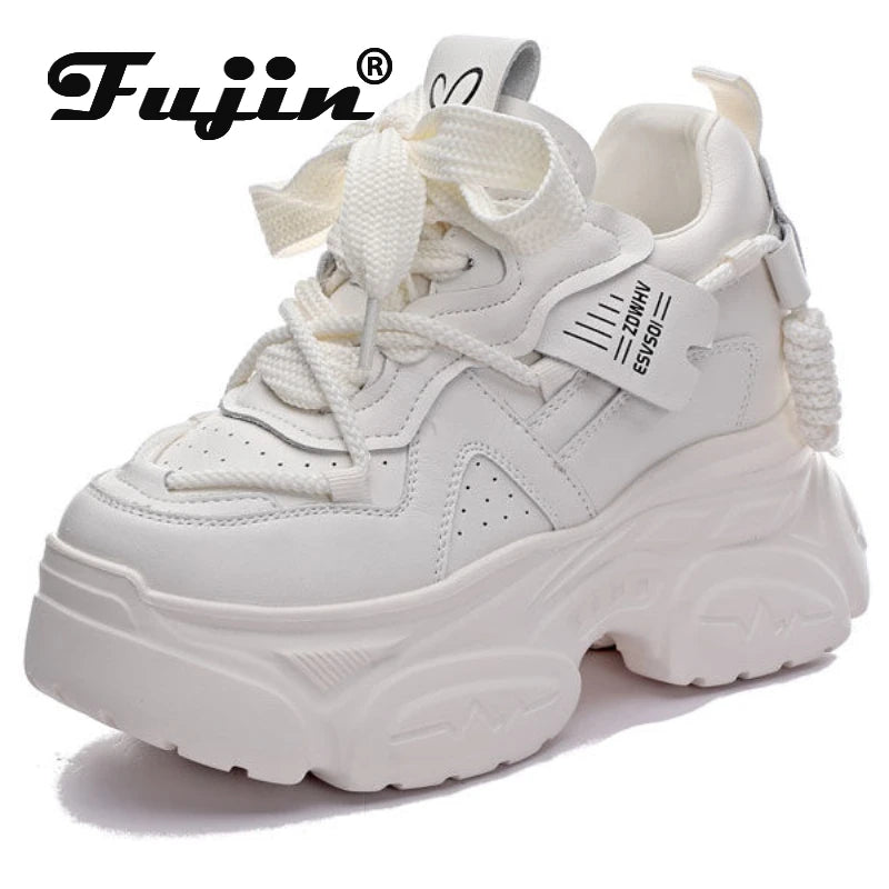 Fujin 10cm Women Lace Up Chunky Sneakers Fashion Spring Autumn Stable High Platform Ladies Vulcanize Cow Genuine Leather Shoes