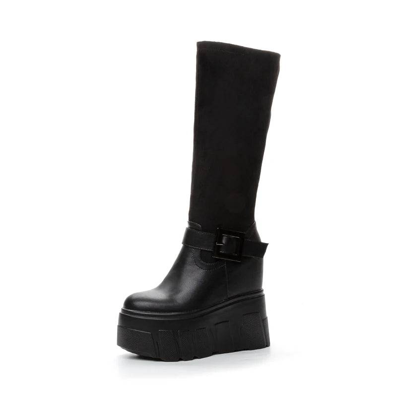 AUTUSPIN 9cm High Wedges Heeled Ankle Boots Women Fashion Long Knee-high Boots Female Wedding Party Sexy Black Warm Shoes Winter