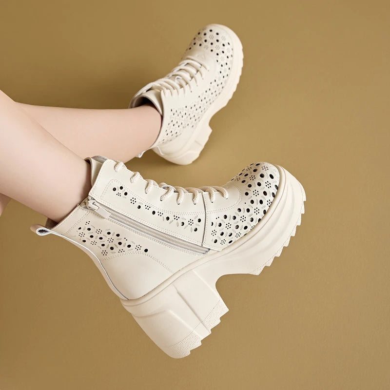 Autuspin 10cm Platform Knight Short Boots Women Summer Hollow Genuine Leather Fashion Lace-up Shoes Breathable Ladies Ankle Boot