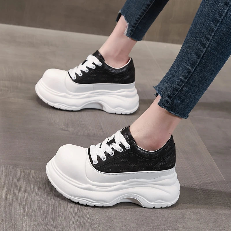 AUTUSPIN 7cm Fashion Shoes for Women 2025 Spring Summer Soft Leather Wide Toe Sneakers Leisure Woman Footwear Outdoor Casual