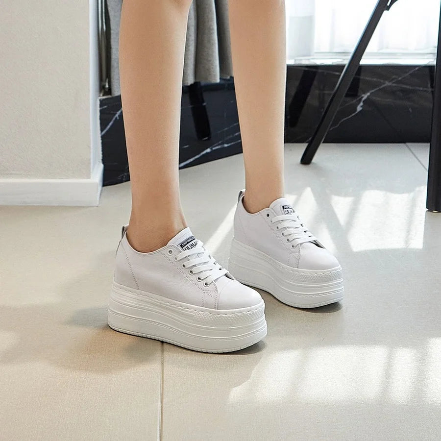 Fujin 9cm Full Cow Genuine Leather Platform Sneakers Wedge Super High Heel Women Casual Shoes Chunky Sneakers Summer Autumn