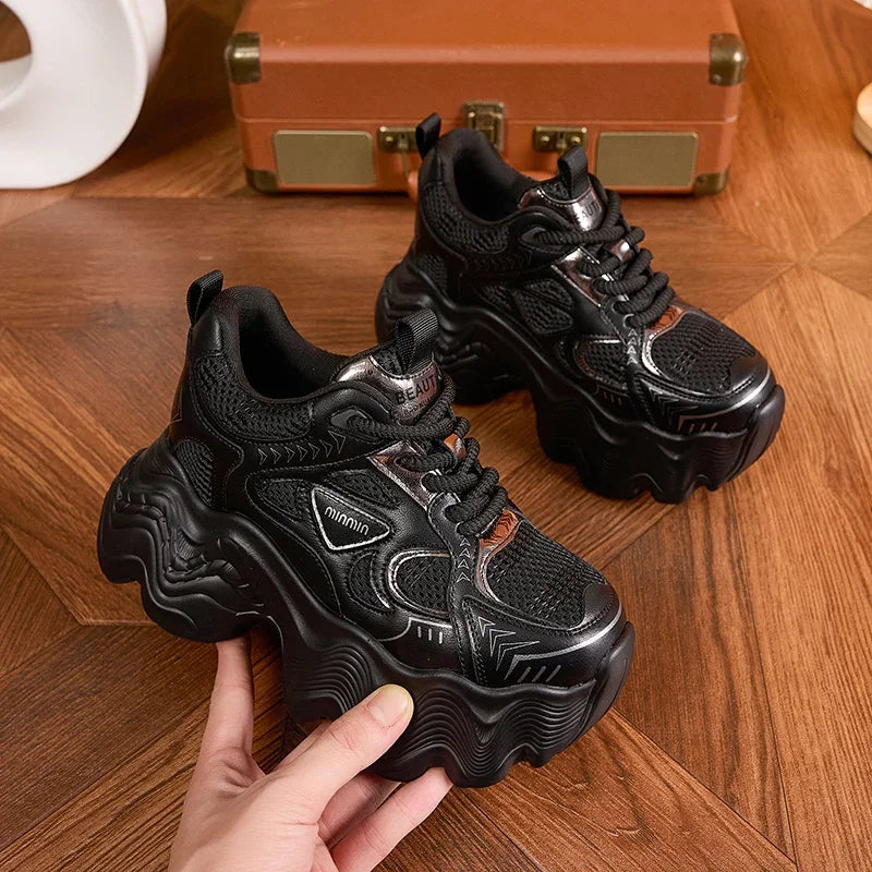 AUTUSPIN Thick Soled Women's Vulcanize Shoes Retro Platform Ladies Leisure Sneakers 8cm High Wedges Chunky Female Footwear 34-39