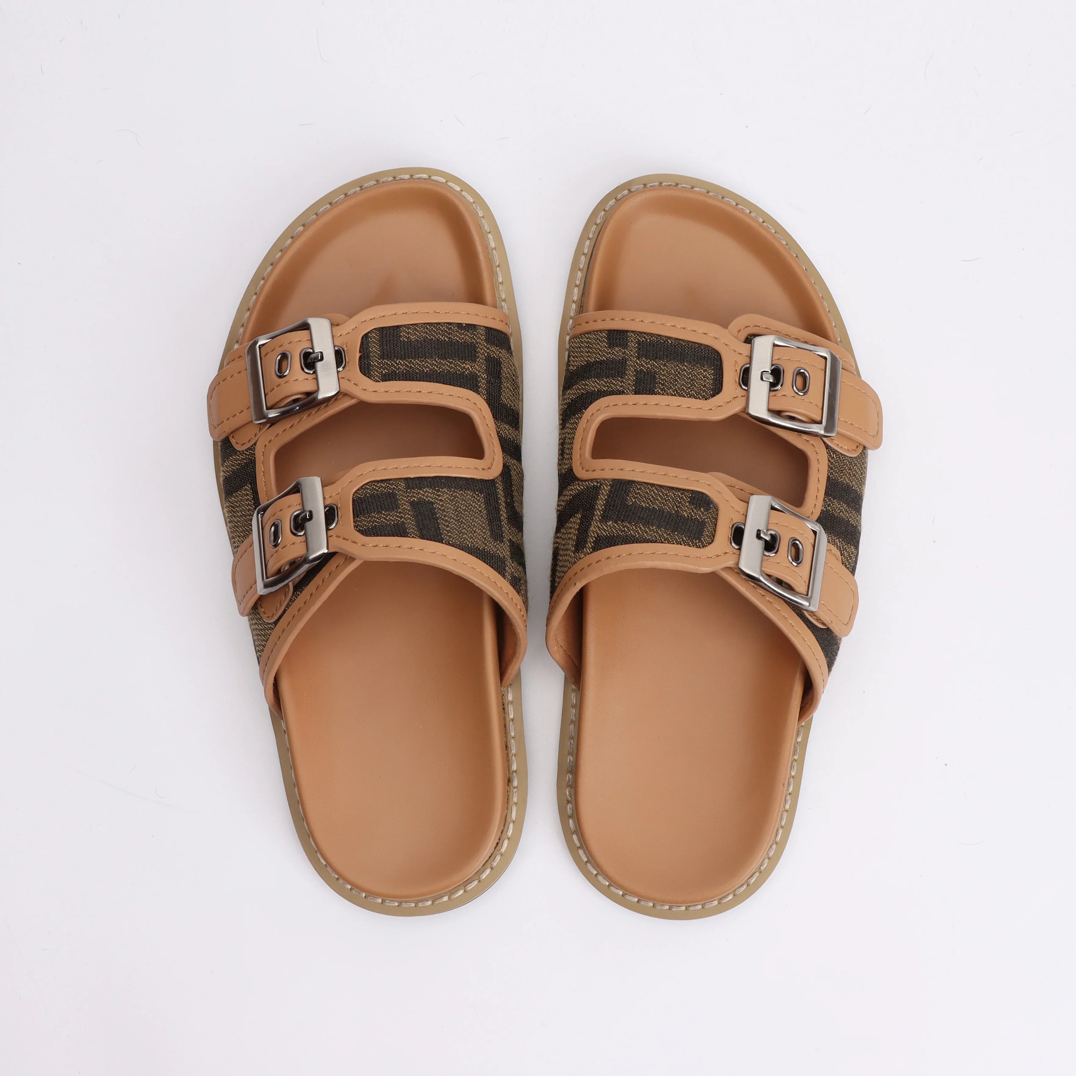 NO-LOGO Designer Summer Leather slippers for Women 2025 Luxury Brand Shoes Khaki ladies Slipper and big size 44