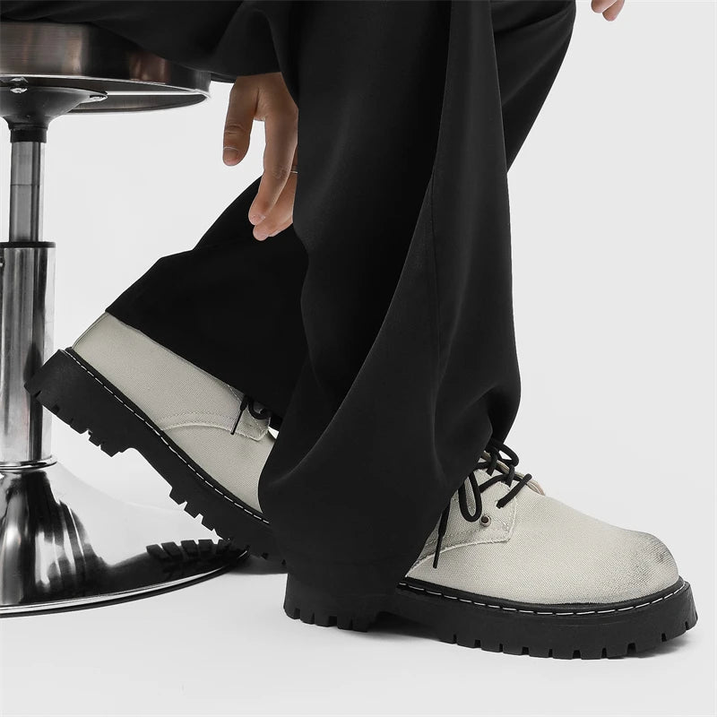 Men's Casual Shoes Comfortable Breathable Canvas Upper Thick Bottom Fashion Sewing Round Toe Leather Chunky Shoes Male Footwear