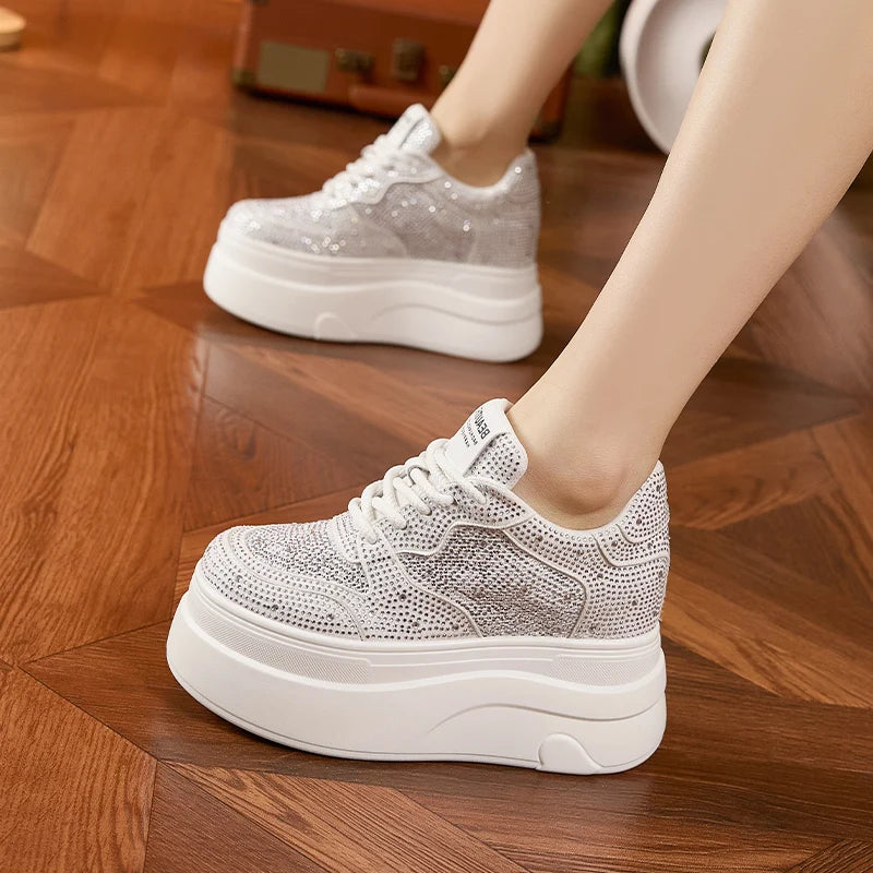 AUTUSPIN 10cm Women White Shoes Full Rhinestones Ladies Shiny Casual Shoes Fashion High Platform Wedges Chunky Sneakers Casual