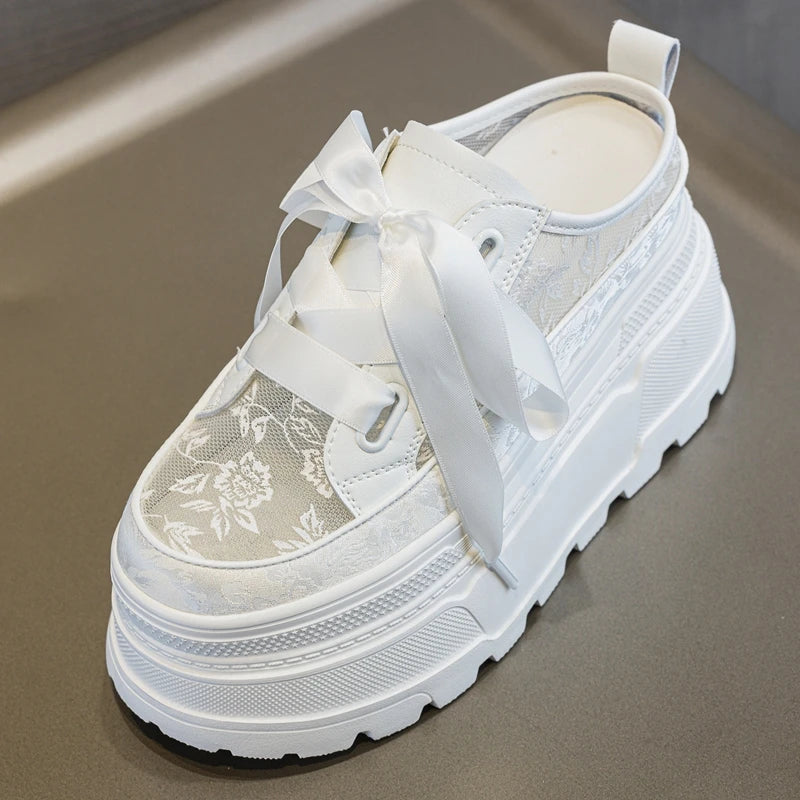 AUTUSPIN 8cm Women Lace Shoes Summer White Cover Toe Slippers High Platform Ladies Casual Sports Sneakers Fashion Sandals Woman