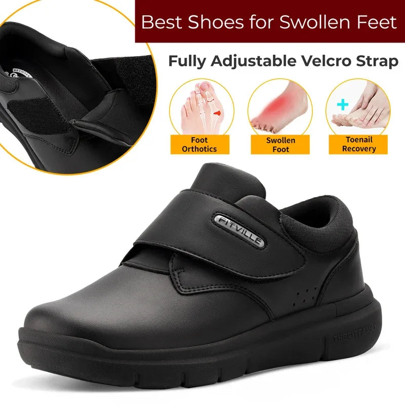 Extra Wide Men'S Shoes Leather Diabetic Walking Shoes For Elder Orthopedic Toes Swollen Feet Non-Slip With Arch Support