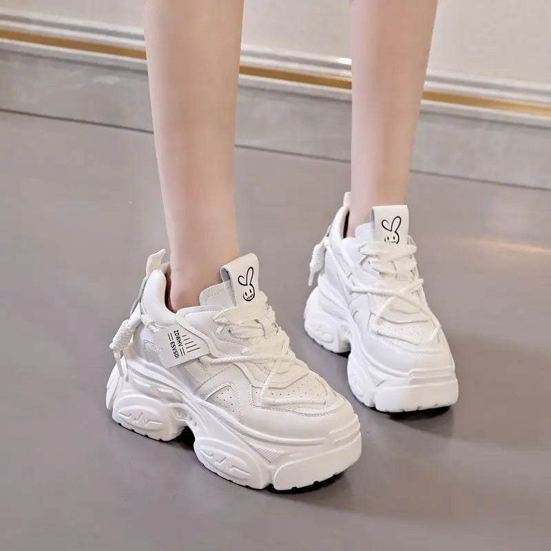 Fujin 10cm Women Lace Up Chunky Sneakers Fashion Spring Autumn Stable High Platform Ladies Vulcanize Cow Genuine Leather Shoes