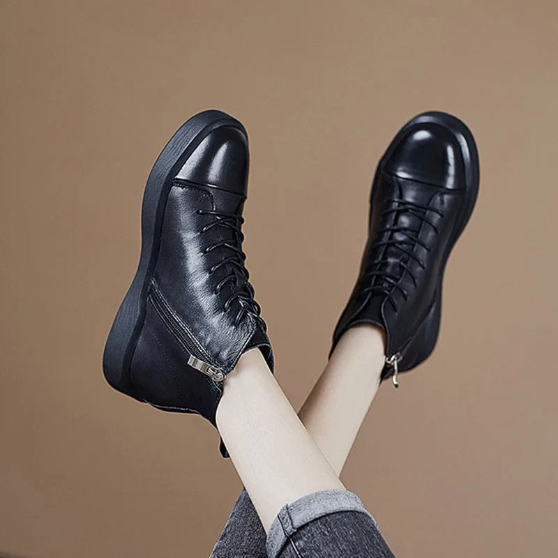 DRKANOL 2025 Fashion Women Flat Ankle Boots 100% Cow Genuine Leather Round Toe Autumn Winter Warm Casual Short Boots Black Brown