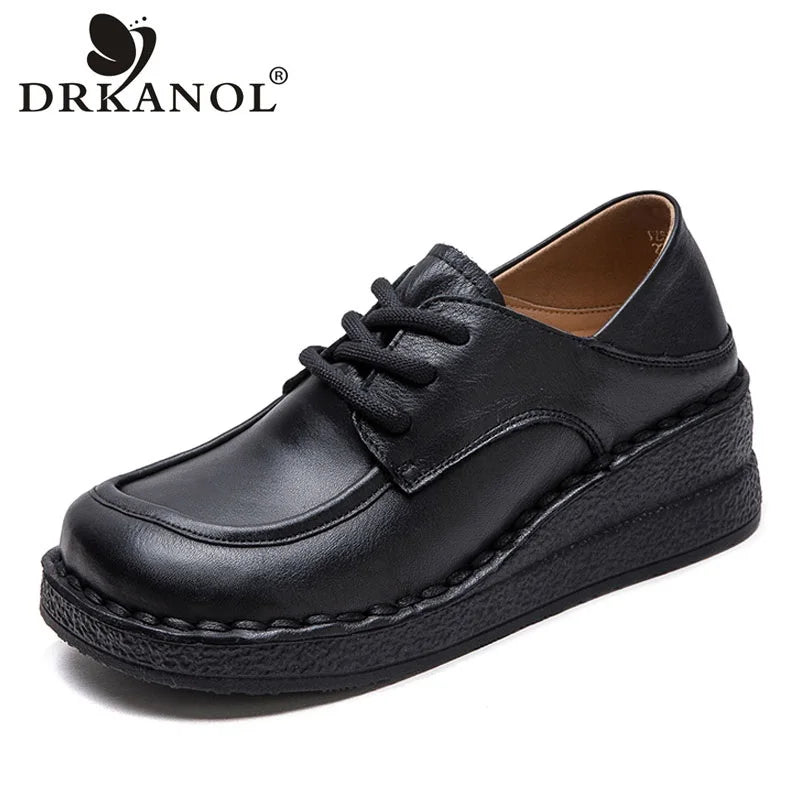 DRKANOL 2025 Spring Handmade Retro Women Wedges Shoes Quality Genuine Cow Leather Round Toe Lace-Up Comfort Casual Single Shoes