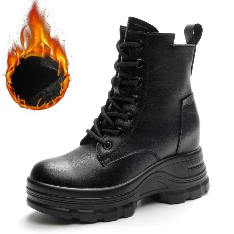 DRKANOL Fashion Women Height Increasing Boots Autumn Winter Warm Plush Platform Ankle Boots For Women Real Cowhide Wedges Shoes