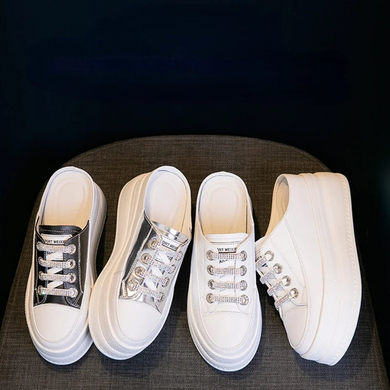 Fujin 7.5cm Genuine Leather Women Slipper Summer Shoes Platform Wedge Beach Shoes Mule Leather Slip on Sneakers Sandals Shoes