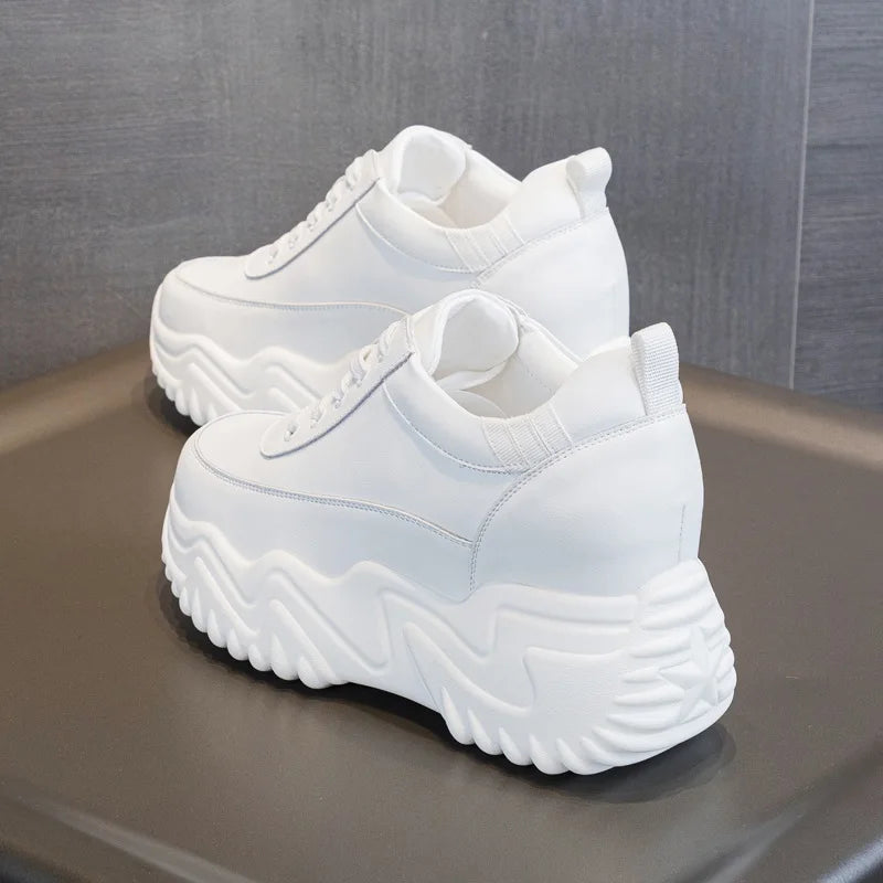 DRKANOL Fashion Platform Casual Sneakers Women Real Cowhide Thick Sole Wedges Heel Height Increasing Solid Color White Shoes