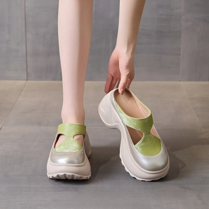 Fujin 8.5cm Microfiber Leather Slippers Slip on Round Toe Platform Flats Fabric Women Sandals Platform Wedge Flats Shoes Fashion