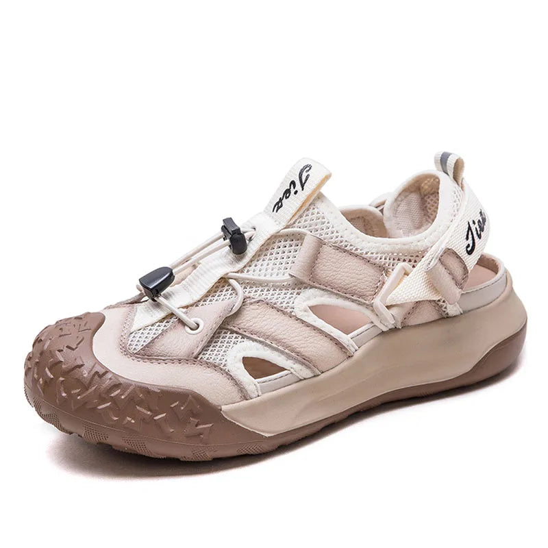 DRKANOL 2025 Fashion Women Air Mesh Shoes Hollow Out Breathable Genuine Leather Thick Sole Lightweight Comfort Casual Sandals