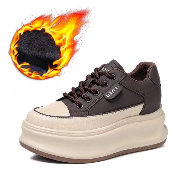 Fujin 8cm Cow Genuine Leather Comfy Breathable Skate Board Platform Wedge Sneakers Vulcanized Chunky Hidden Heel Block Shoes