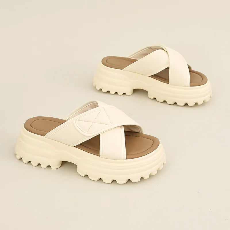 AUTUSPIN 4cm Women Flat Heels Women Shoes Summer Cosy Slippers Outdoor Beach Basic Microfiber Leather Female Slides Shoes Woman